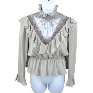 VINTAGE CASADEI BEADED SHEER RUFFLE LS BLOUSE W/ HI NECK PEARL BUTTONS 11/12